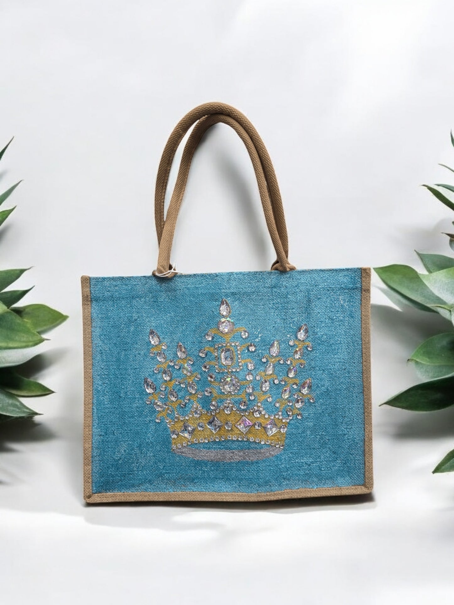 gold crown tote bag, metallic turquoise tote bag, queen tote bag, princess tote bag, beaded crown jute bag, eco-friendly tote