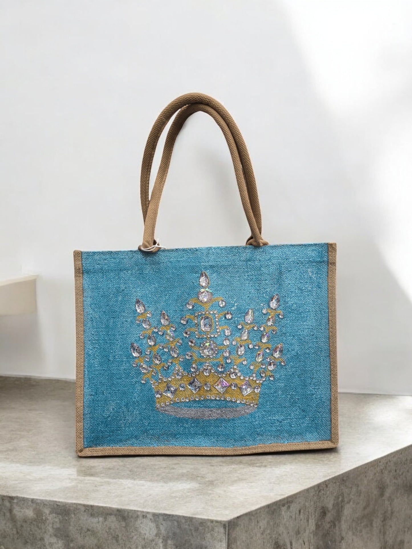 gold crown tote bag, metallic turquoise tote bag, queen tote bag, princess tote bag, beaded crown jute bag, eco-friendly tote
