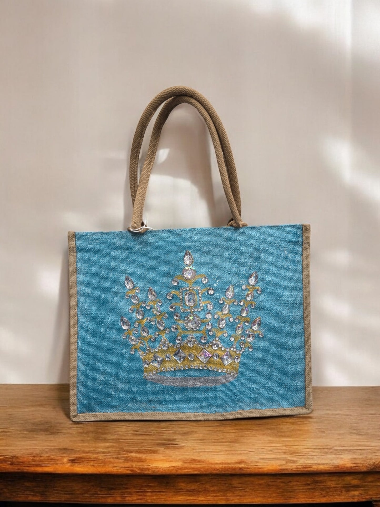 gold crown tote bag, metallic turquoise tote bag, queen tote bag, princess tote bag, beaded crown jute bag, eco-friendly tote