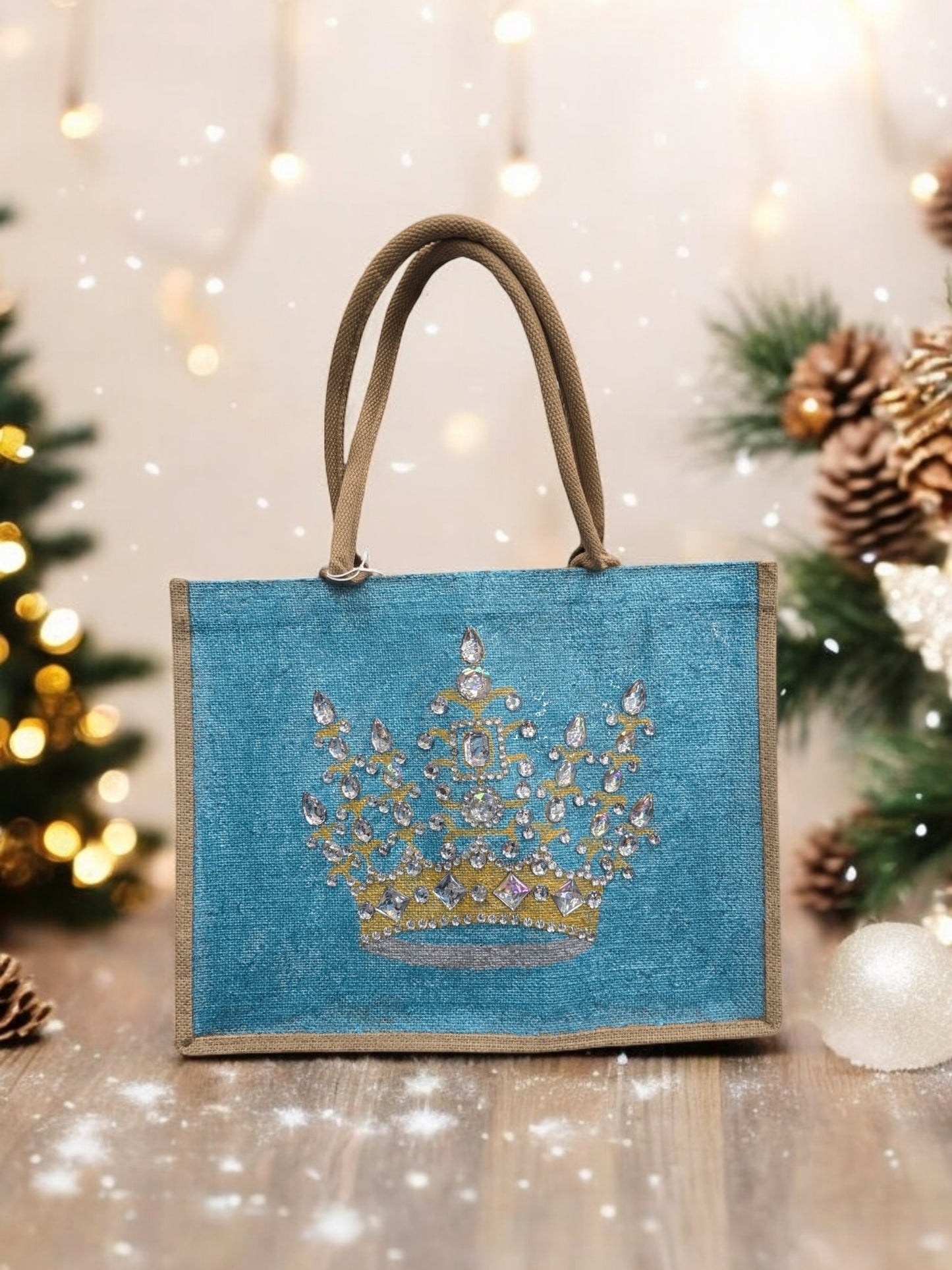 gold crown tote bag, metallic turquoise tote bag, queen tote bag, princess tote bag, beaded crown jute bag, eco-friendly tote