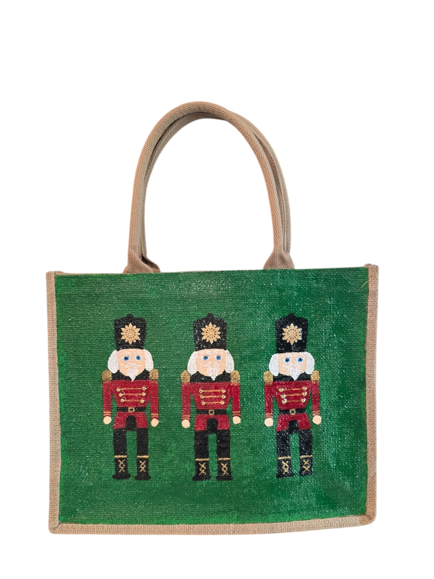 nutcracker tote bag, hand painted Christmas tote, beaded holiday tote, green jute Christmas market bag