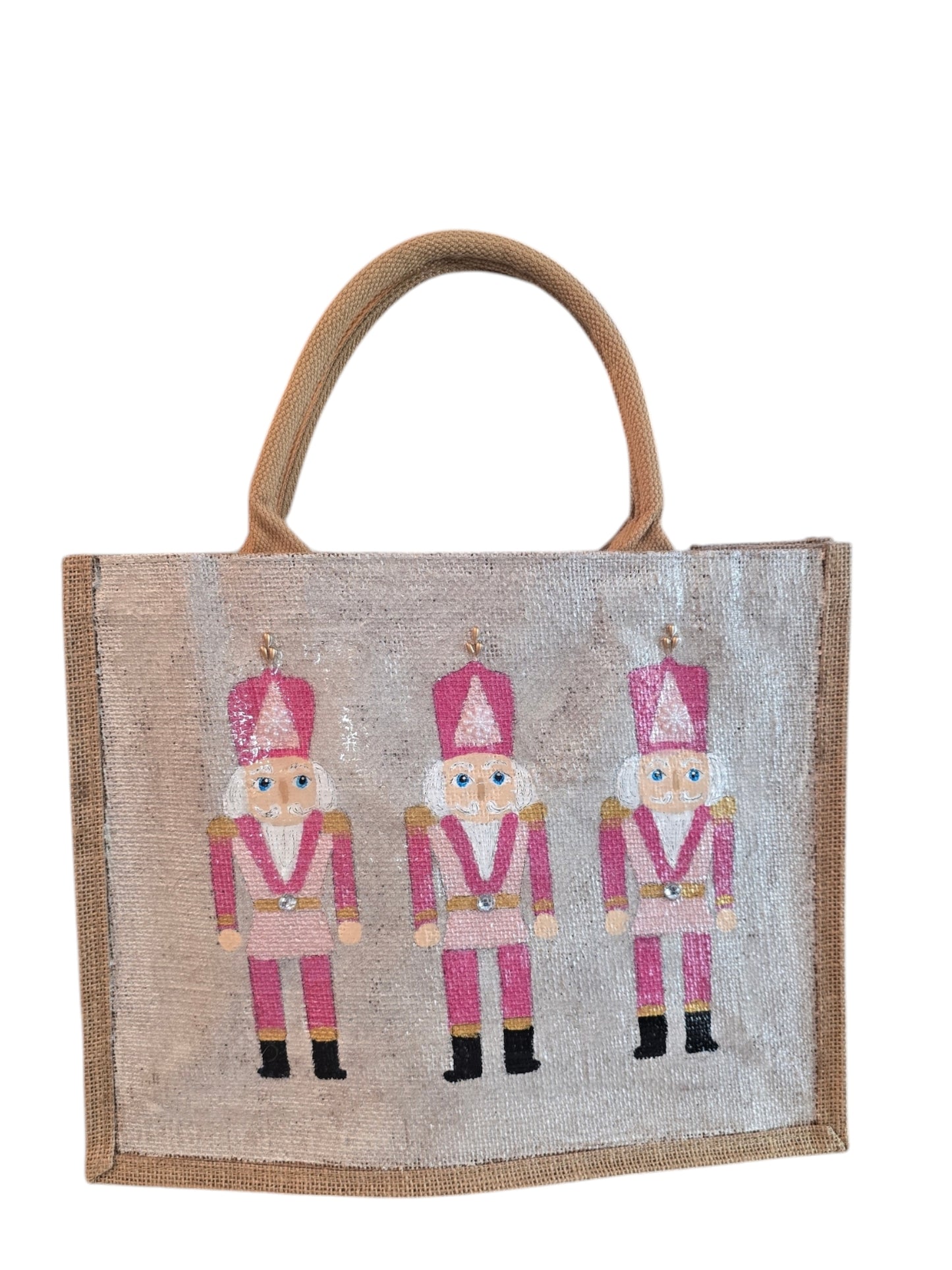 pink nutcracker tote bag, hand painted Christmas tote, beaded holiday tote, off white jute Christmas market bag