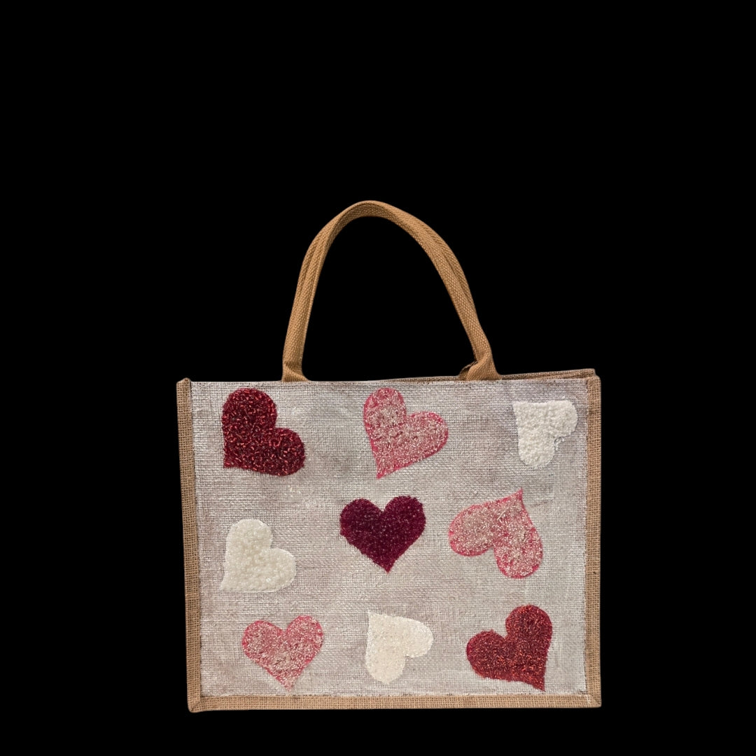 red pink white hearts tote bag, metallic off-white tote bag, beaded hearts jute bag, eco-friendly heart tote, valentines day tote