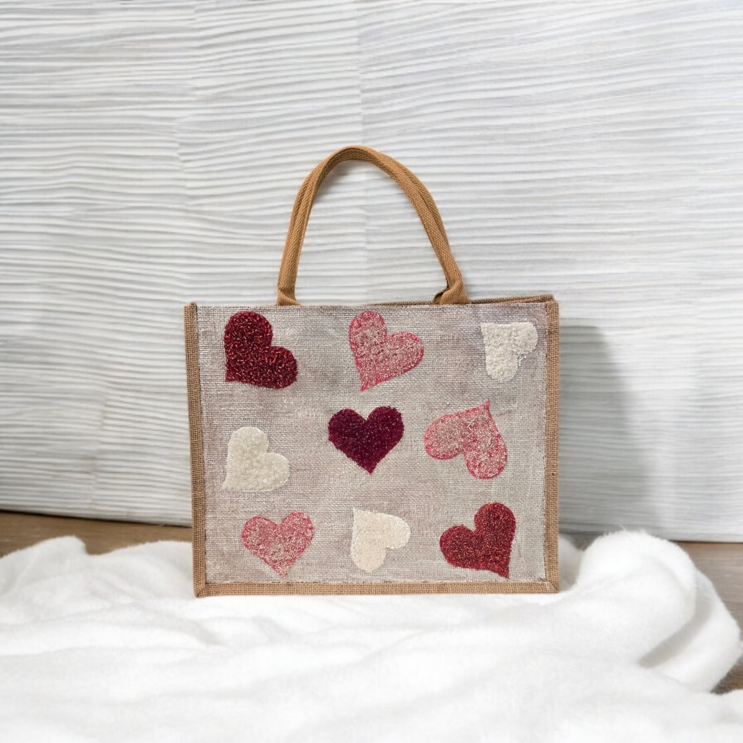 red pink white hearts tote bag, metallic off-white tote bag, beaded hearts jute bag, eco-friendly heart tote, valentines day tote