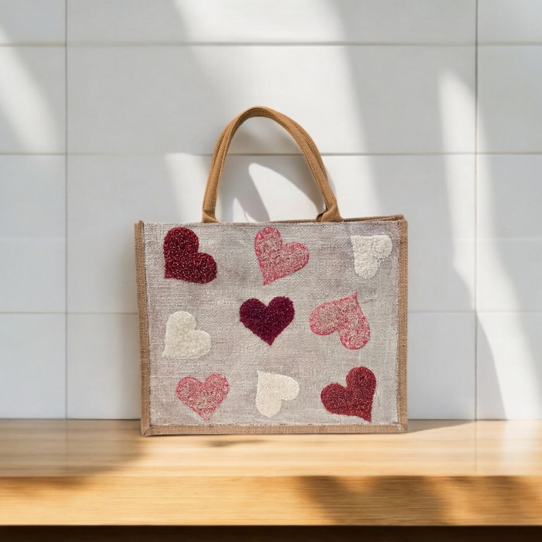 red pink white hearts tote bag, metallic off-white tote bag, beaded hearts jute bag, eco-friendly heart tote, valentines day tote
