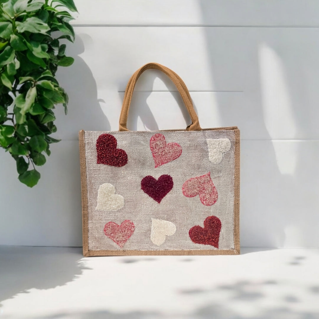 red pink white hearts tote bag, metallic off-white tote bag, beaded hearts jute bag, eco-friendly heart tote, valentines day tote
