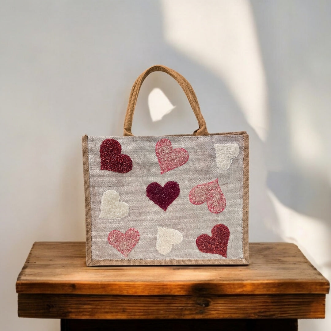 red pink white hearts tote bag, metallic off-white tote bag, beaded hearts jute bag, eco-friendly heart tote, valentines day tote