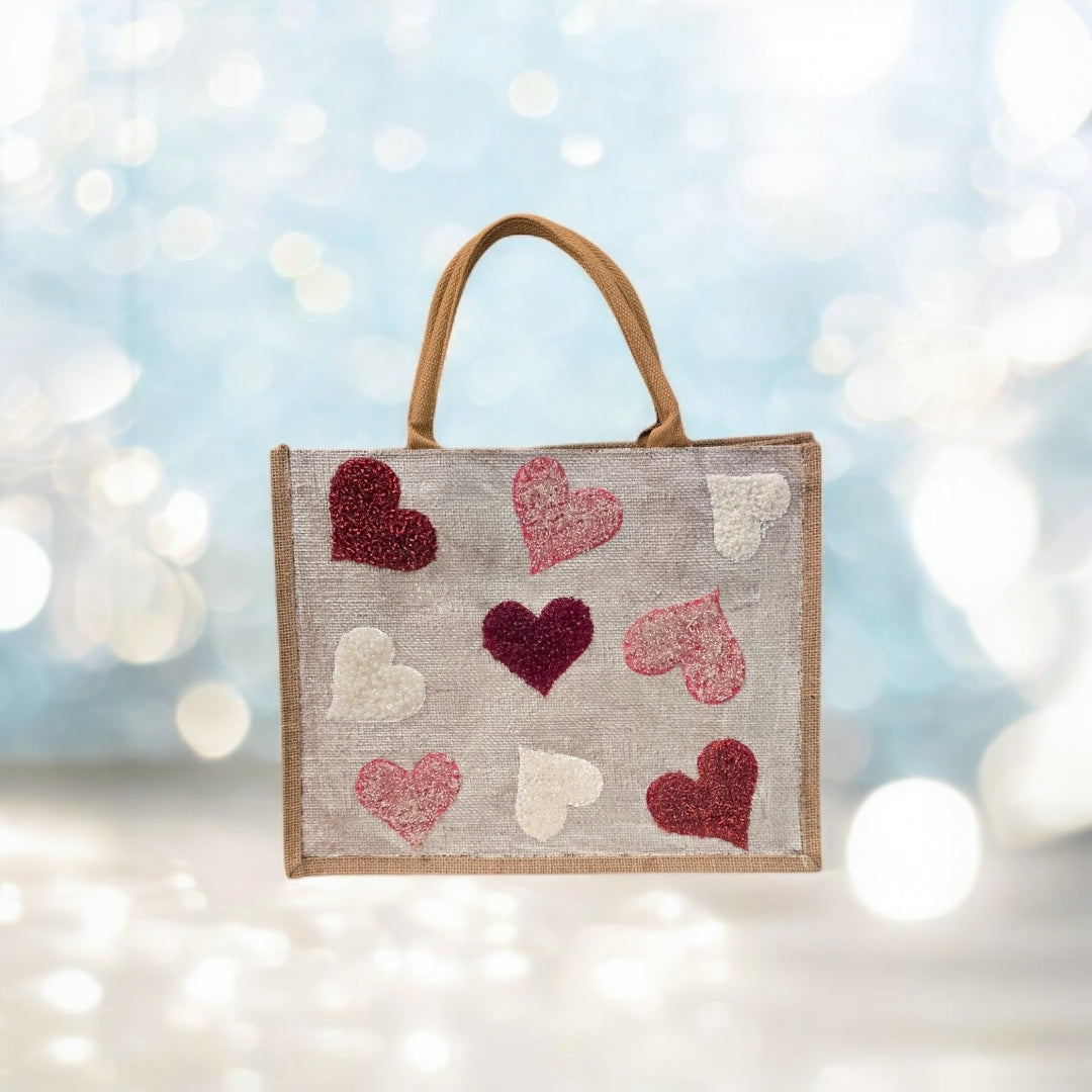 red pink white hearts tote bag, metallic off-white tote bag, beaded hearts jute bag, eco-friendly heart tote, valentines day tote