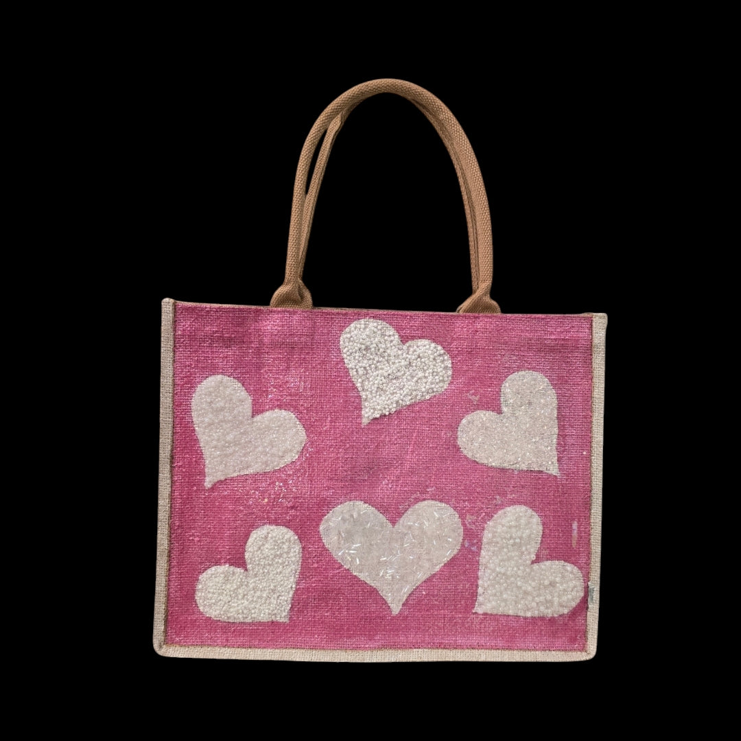 white hearts tote bag, metallic pink tote bag, beaded heart jute bag, eco-friendly heart tote, hand painted hearts tote bag