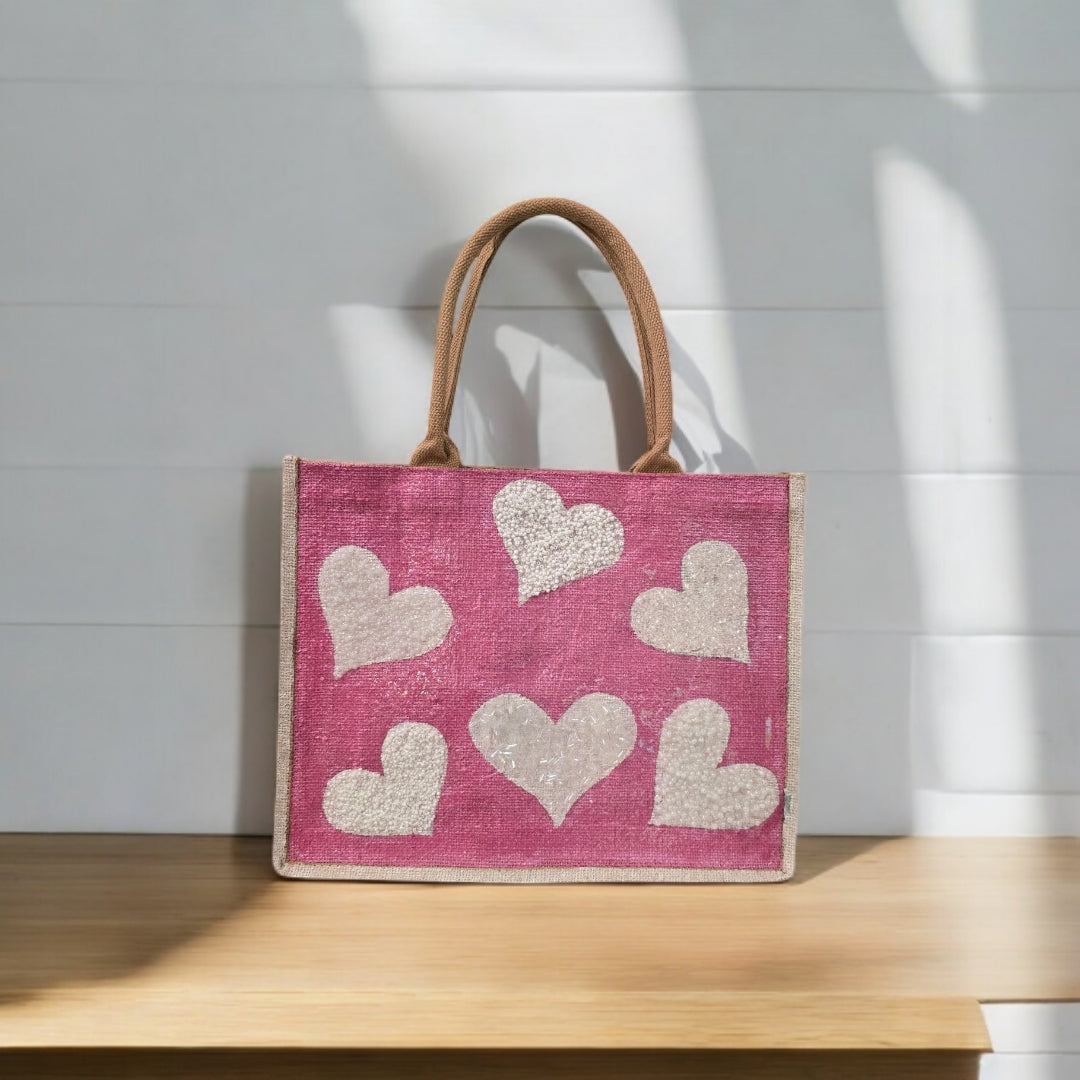 white hearts tote bag, metallic pink tote bag, beaded heart jute bag, eco-friendly heart tote, hand painted hearts tote bag