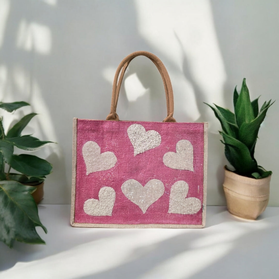 white hearts tote bag, metallic pink tote bag, beaded heart jute bag, eco-friendly heart tote, hand painted hearts tote bag