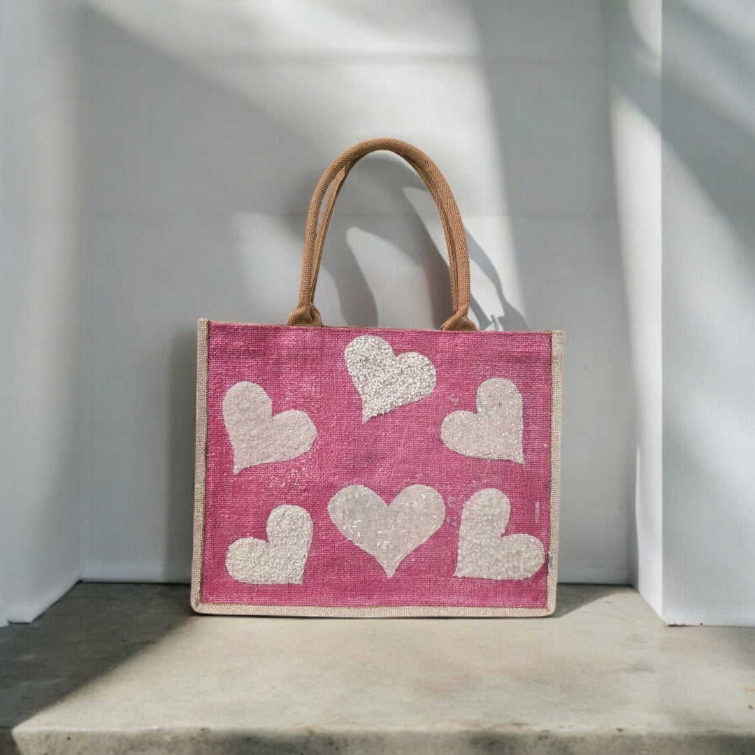white hearts tote bag, metallic pink tote bag, beaded heart jute bag, eco-friendly heart tote, hand painted hearts tote bag