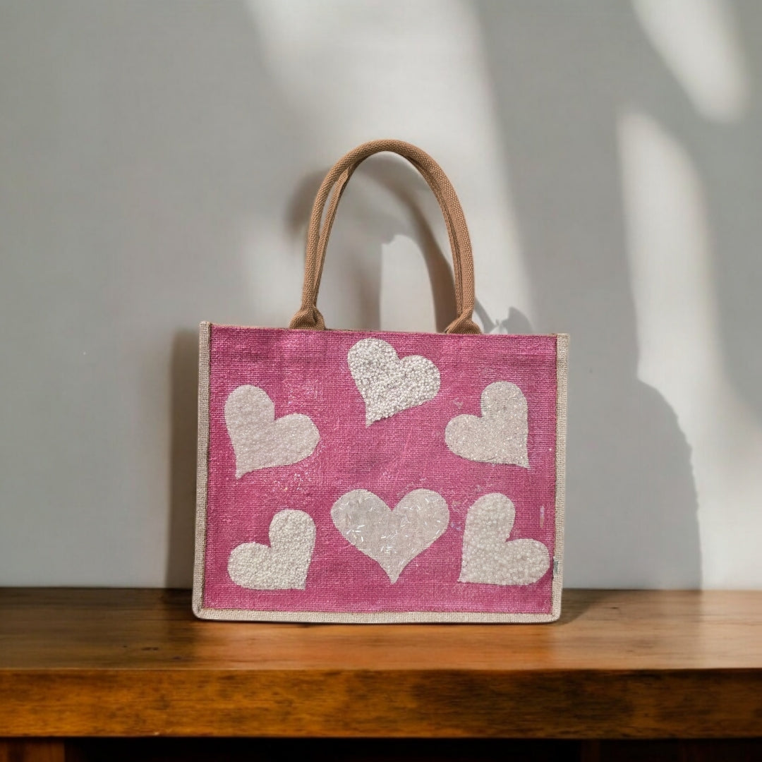 white hearts tote bag, metallic pink tote bag, beaded heart jute bag, eco-friendly heart tote, hand painted hearts tote bag