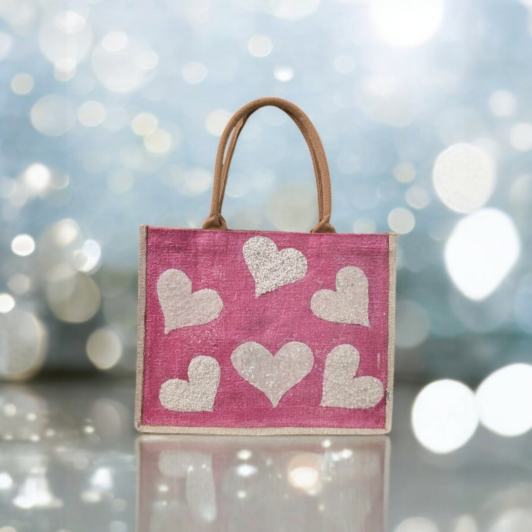 white hearts tote bag, metallic pink tote bag, beaded heart jute bag, eco-friendly heart tote, hand painted hearts tote bag