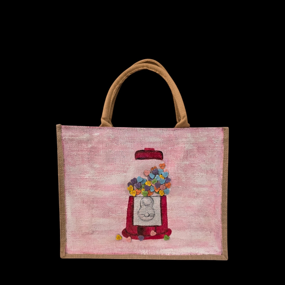 conversation heart valentine tote bag, hand painted valentine tote, beaded pink tote bag, valentine gift bag