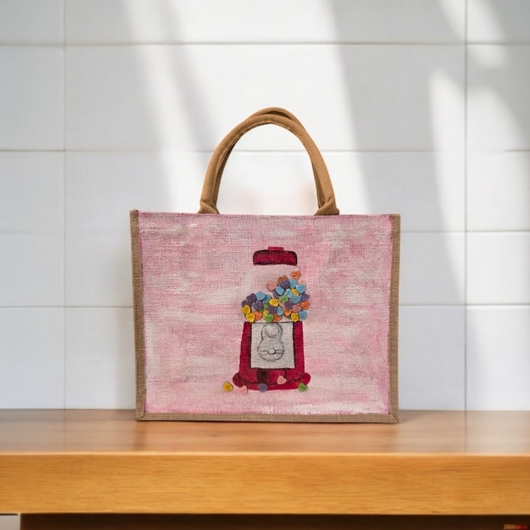 conversation heart valentine tote bag, hand painted valentine tote, beaded pink tote bag, valentine gift bag