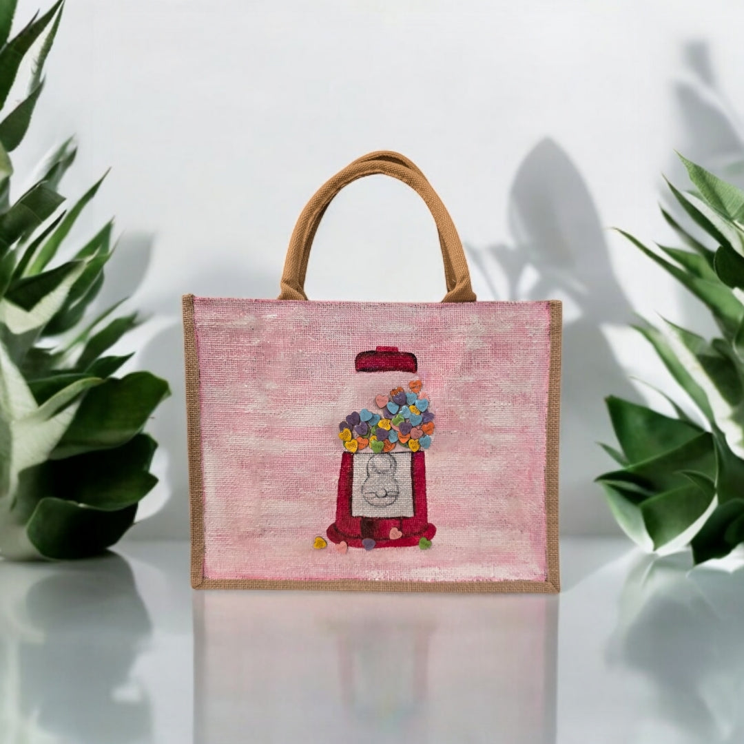conversation heart valentine tote bag, hand painted valentine tote, beaded pink tote bag, valentine gift bag