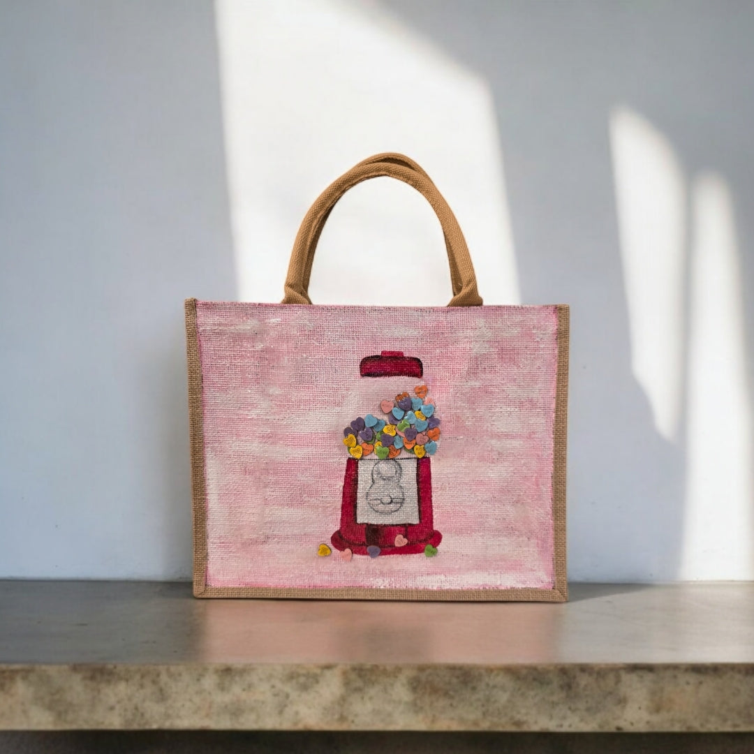 conversation heart valentine tote bag, hand painted valentine tote, beaded pink tote bag, valentine gift bag