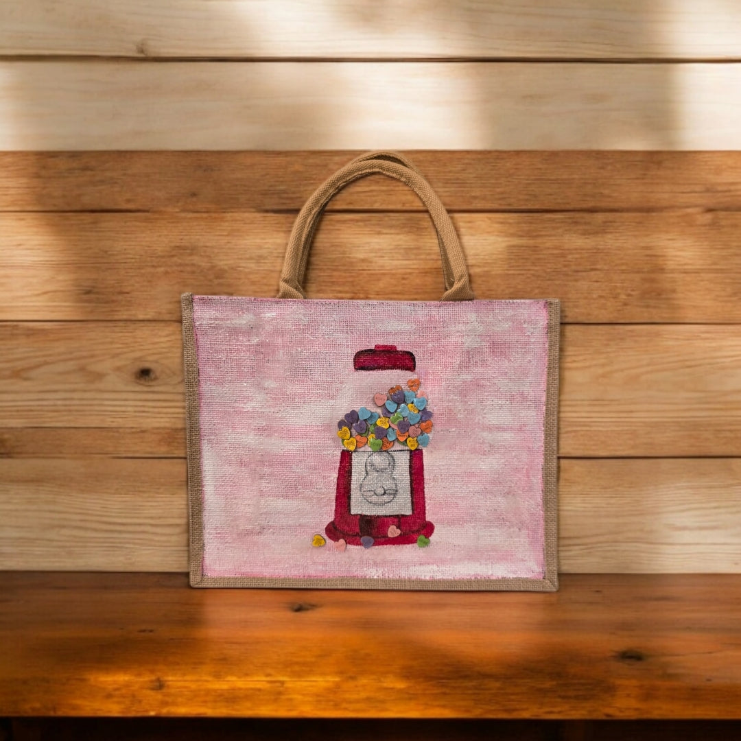 conversation heart valentine tote bag, hand painted valentine tote, beaded pink tote bag, valentine gift bag