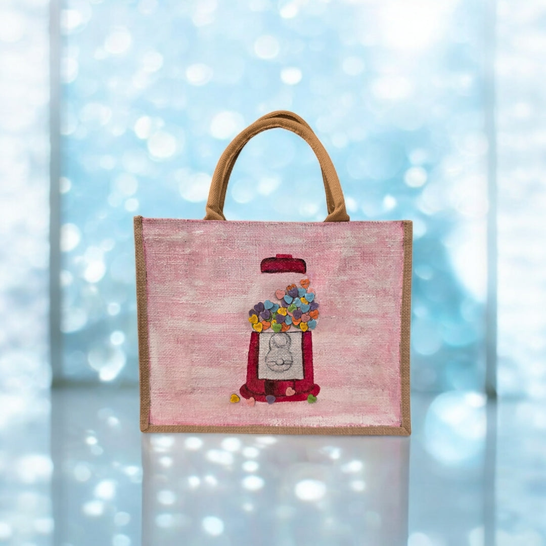 conversation heart valentine tote bag, hand painted valentine tote, beaded pink tote bag, valentine gift bag