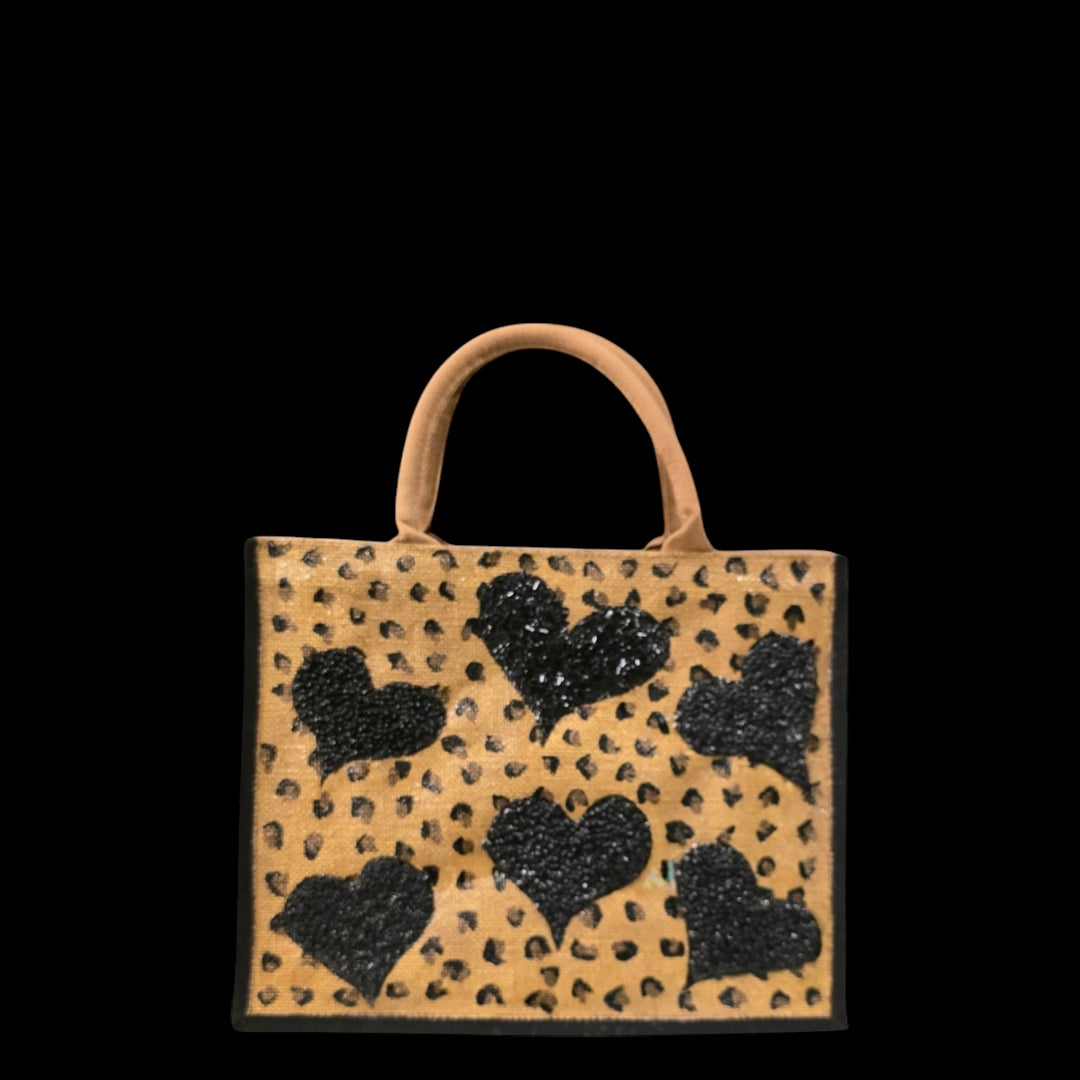 black hearts tote bag, leopard print tote bag, animal print tote bag, beaded hearts jute bag, eco-friendly tote