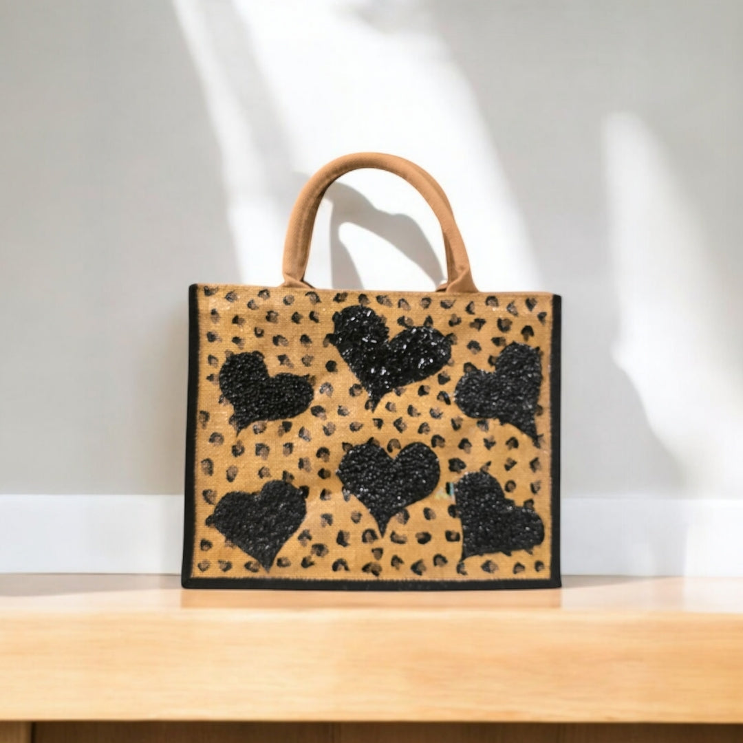 black hearts tote bag, leopard print tote bag, animal print tote bag, beaded hearts jute bag, eco-friendly tote