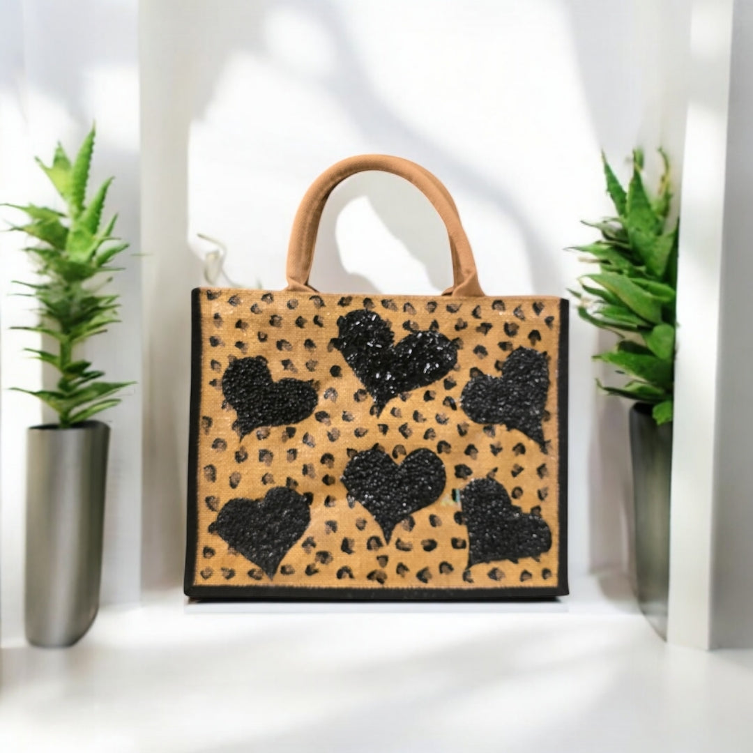 black hearts tote bag, leopard print tote bag, animal print tote bag, beaded hearts jute bag, eco-friendly tote