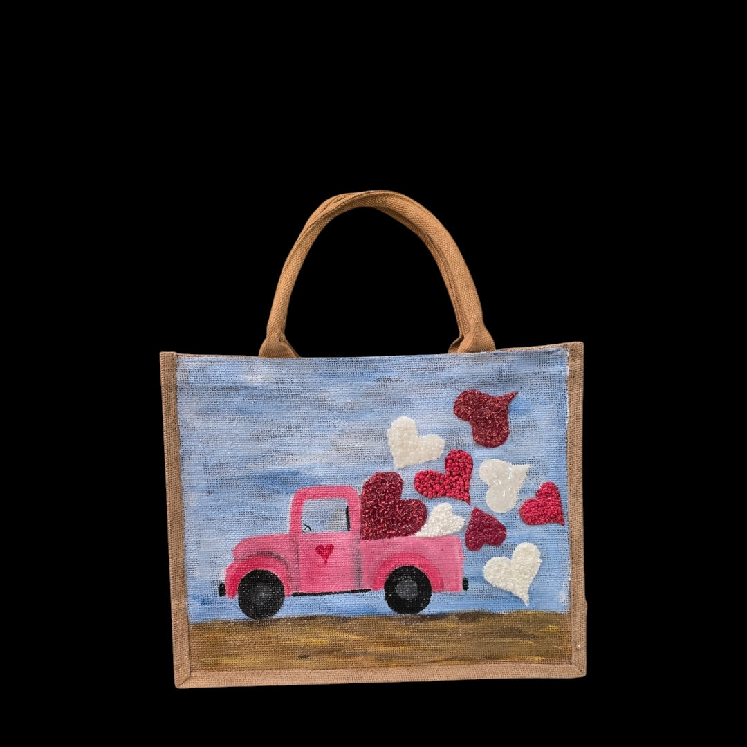 truckload of hearts valentine tote, hand painted valentine tote bag, beaded blue tote, valentine gift bag