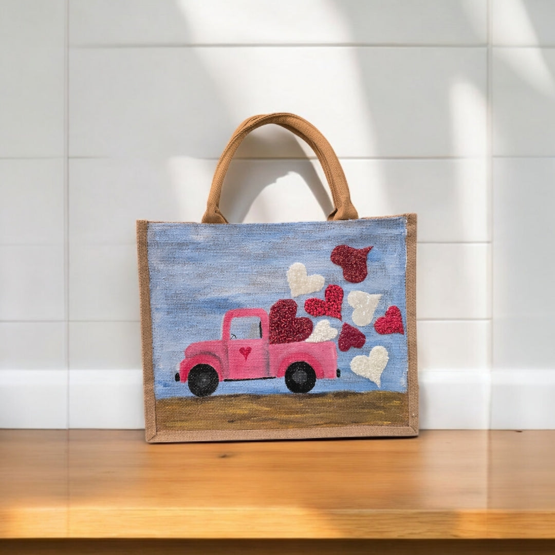 truckload of hearts valentine tote, hand painted valentine tote bag, beaded blue tote, valentine gift bag