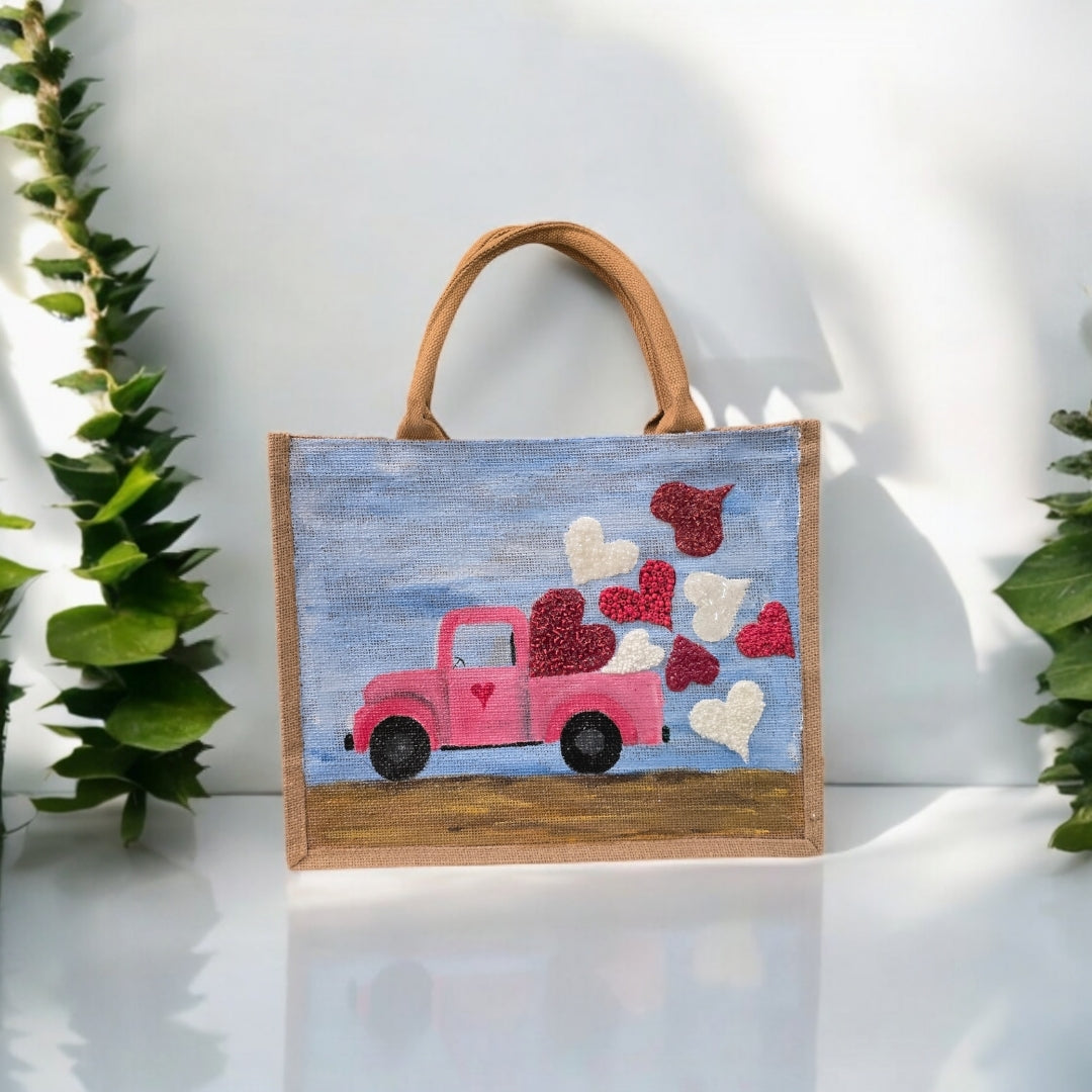 truckload of hearts valentine tote, hand painted valentine tote bag, beaded blue tote, valentine gift bag