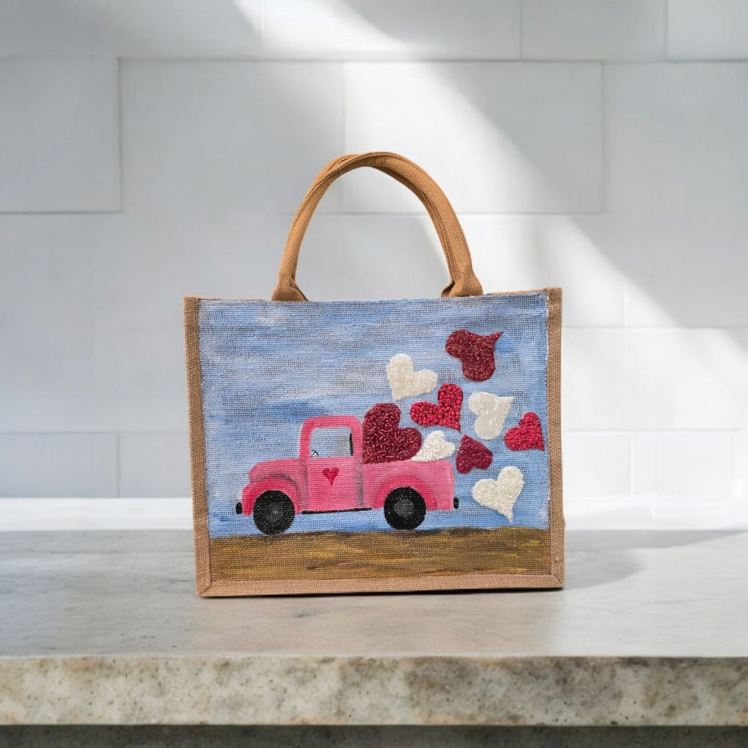truckload of hearts valentine tote, hand painted valentine tote bag, beaded blue tote, valentine gift bag