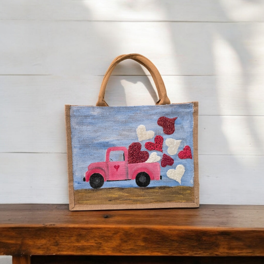 truckload of hearts valentine tote, hand painted valentine tote bag, beaded blue tote, valentine gift bag