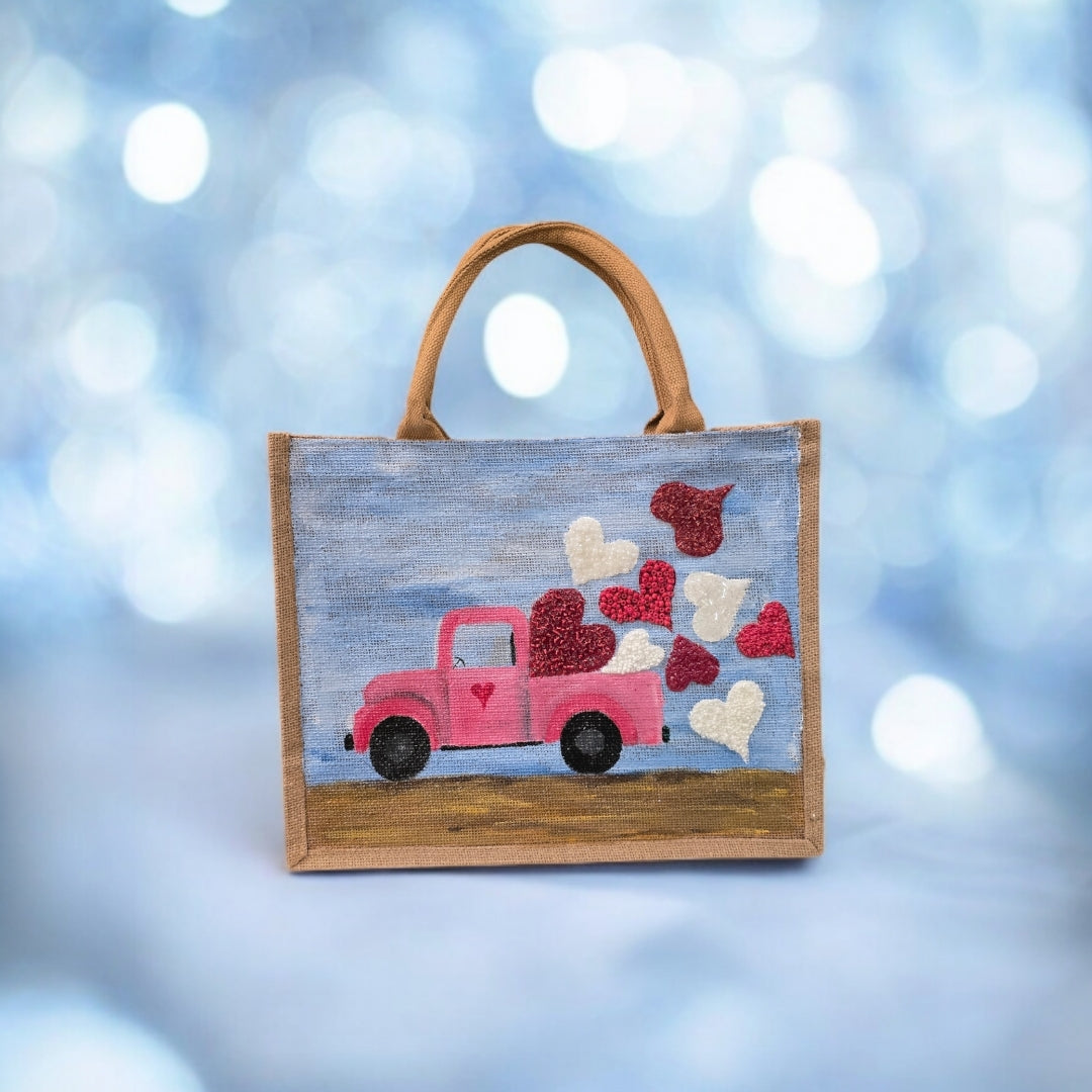 truckload of hearts valentine tote, hand painted valentine tote bag, beaded blue tote, valentine gift bag