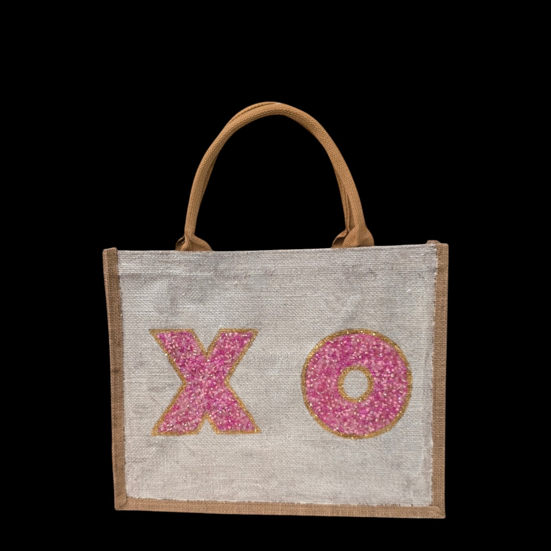 xo valentine tote bag, hand painted valentine tote, beaded off white tote, valentine gift bag