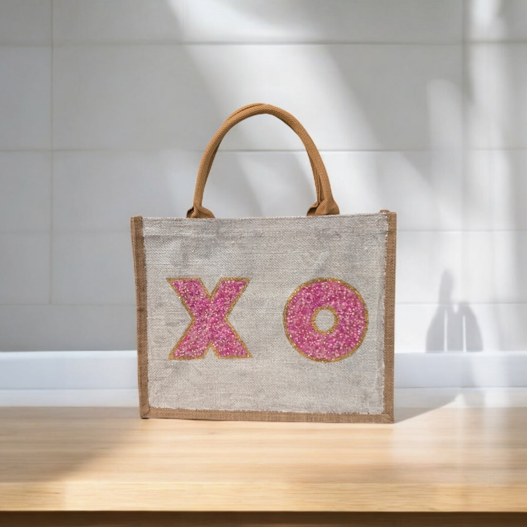 xo valentine tote bag, hand painted valentine tote, beaded off white tote, valentine gift bag