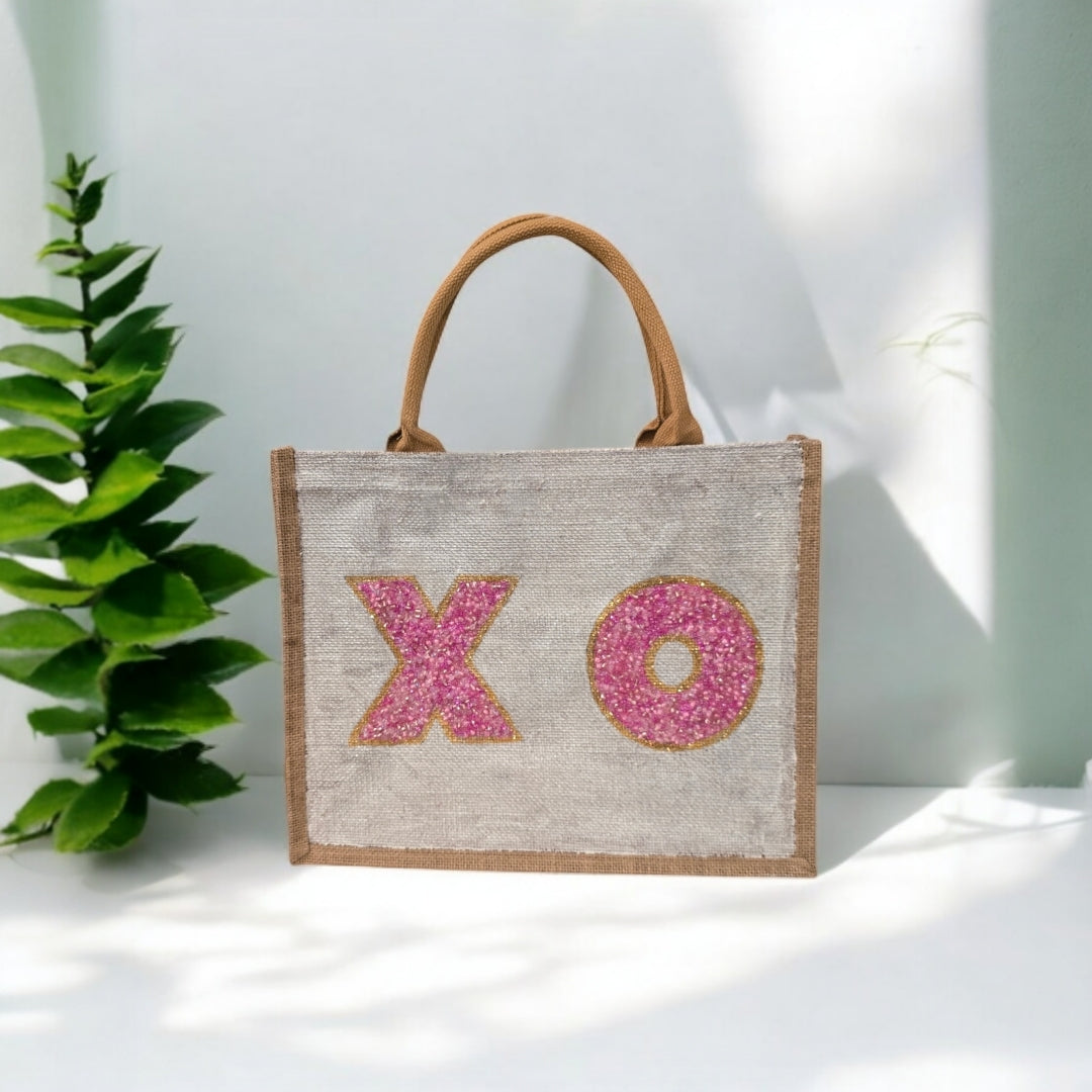 xo valentine tote bag, hand painted valentine tote, beaded off white tote, valentine gift bag