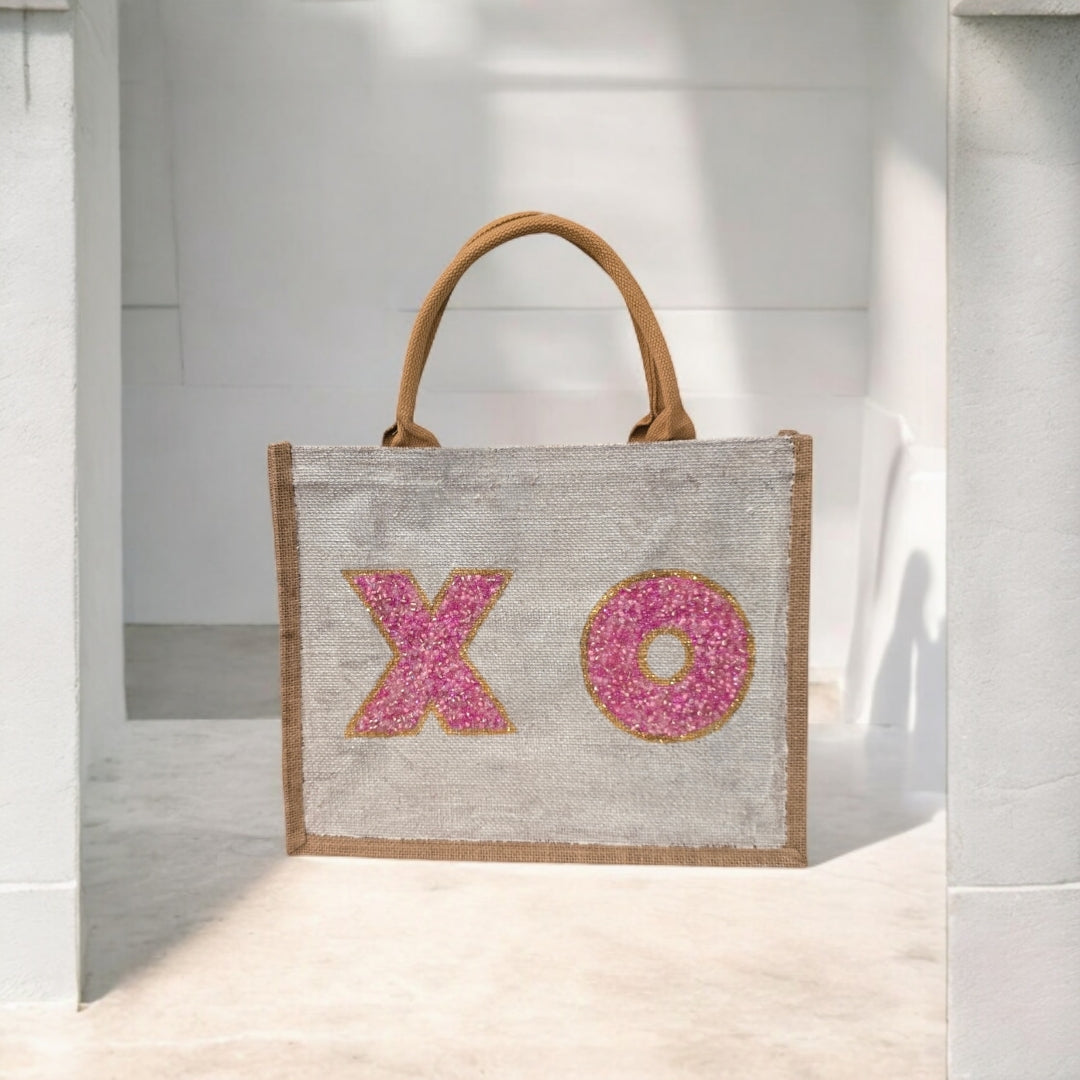 xo valentine tote bag, hand painted valentine tote, beaded off white tote, valentine gift bag