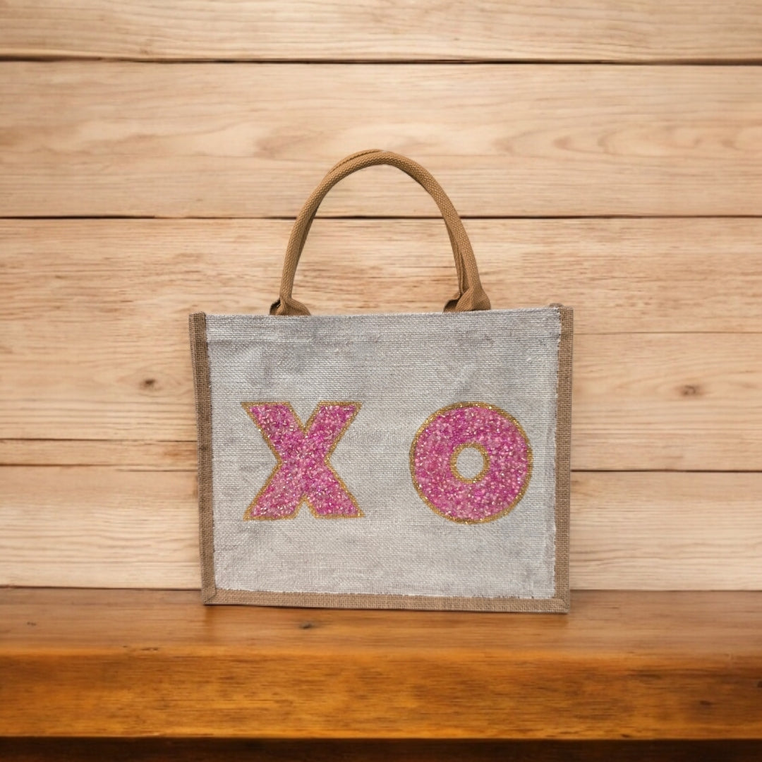 xo valentine tote bag, hand painted valentine tote, beaded off white tote, valentine gift bag