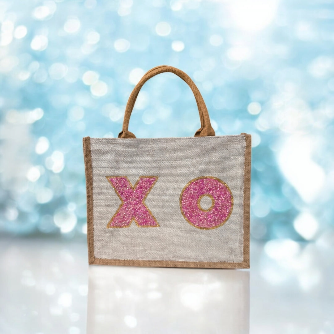 xo valentine tote bag, hand painted valentine tote, beaded off white tote, valentine gift bag