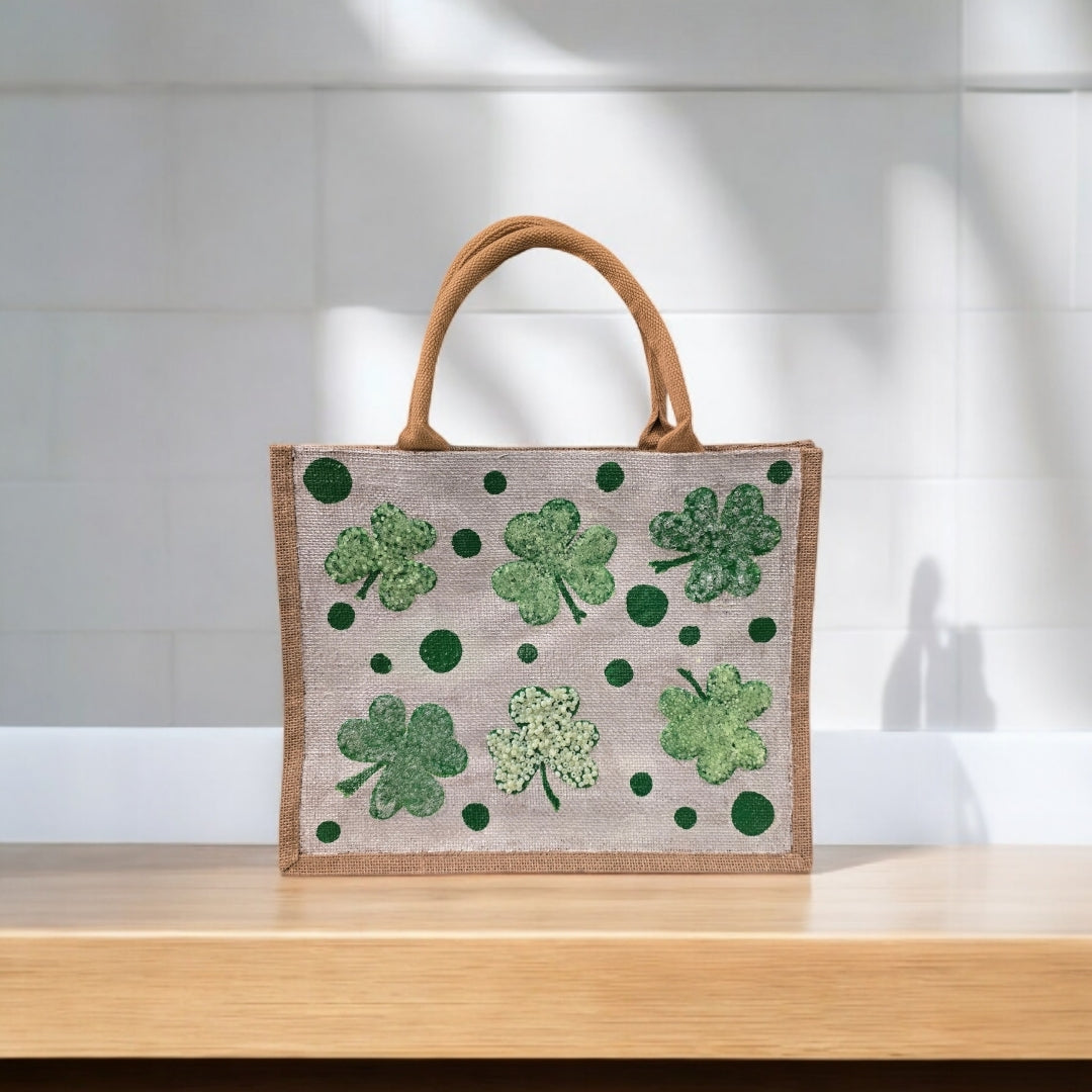 shamrock st patricks tote bag, hand painted st patricks tote, beaded off white tote, st patricks gift bag