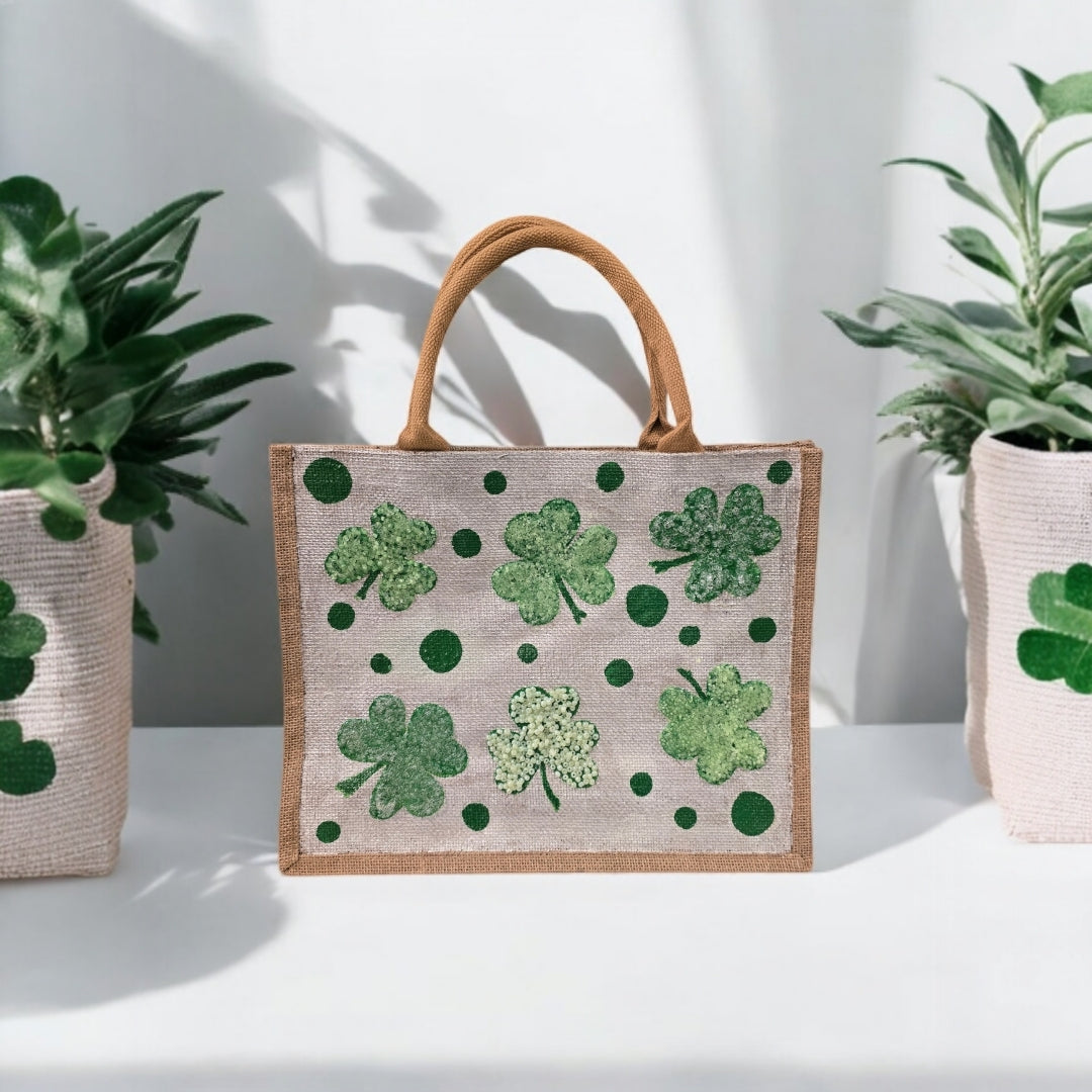shamrock st patricks tote bag, hand painted st patricks tote, beaded off white tote, st patricks gift bag