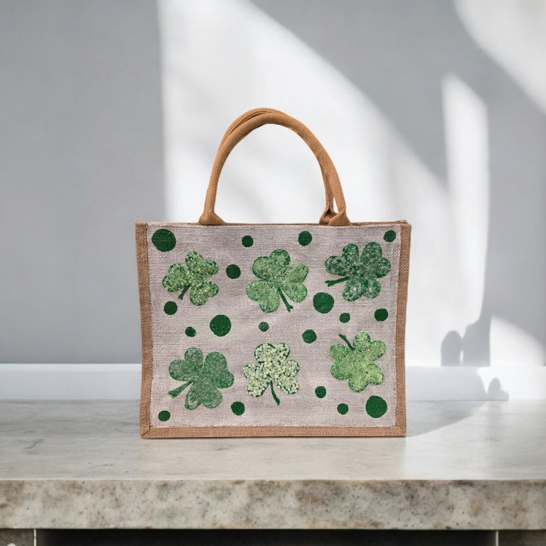 shamrock st patricks tote bag, hand painted st patricks tote, beaded off white tote, st patricks gift bag