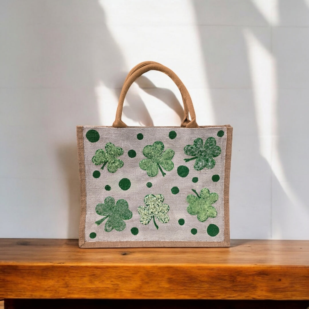 shamrock st patricks tote bag, hand painted st patricks tote, beaded off white tote, st patricks gift bag