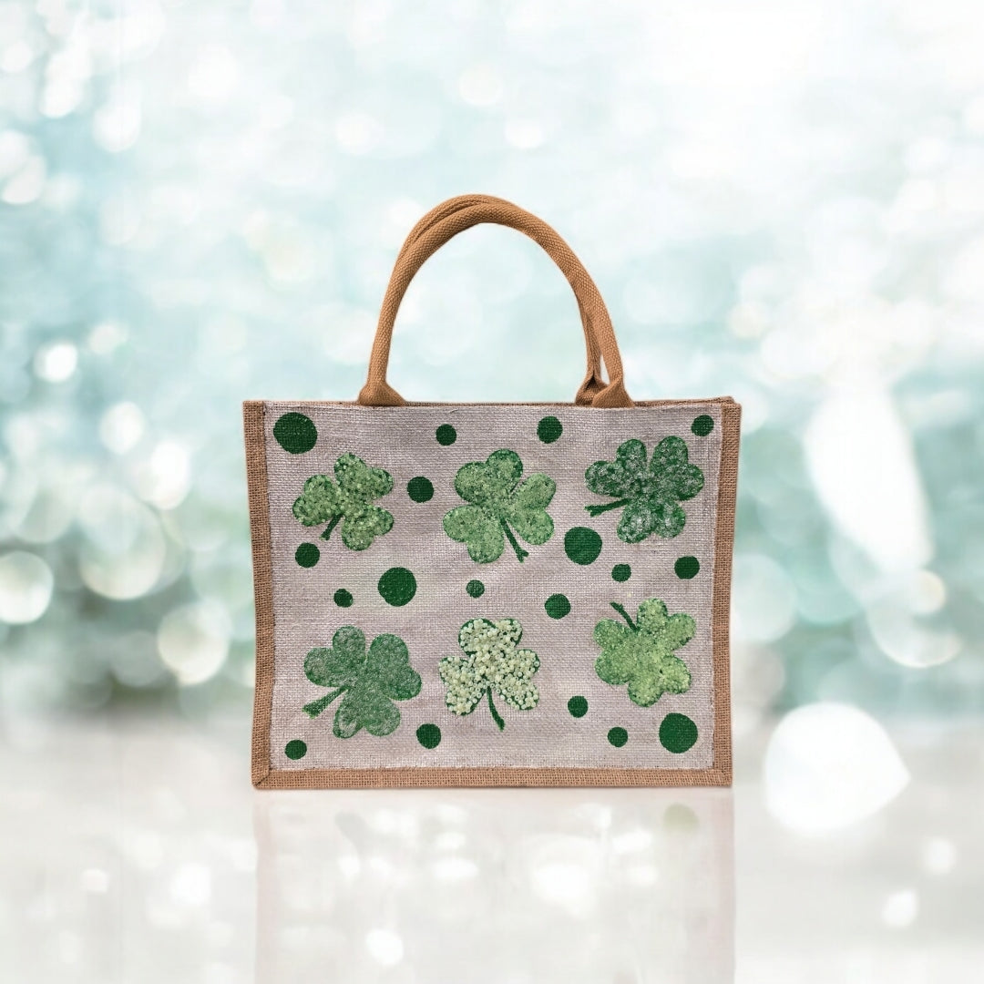 shamrock st patricks tote bag, hand painted st patricks tote, beaded off white tote, st patricks gift bag