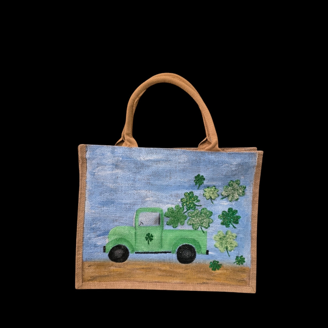 truckload of shamrocks tote, hand painted st patricks tote, beaded blue tote bag, shamrock gift bag