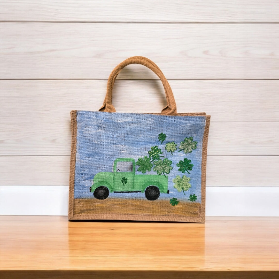 truckload of shamrocks tote, hand painted st patricks tote, beaded blue tote bag, shamrock gift bag