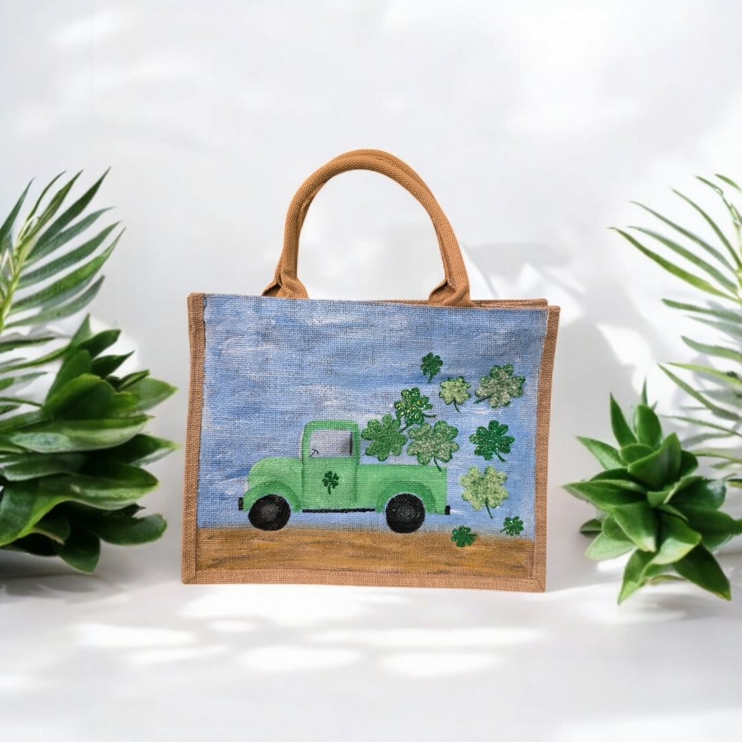 truckload of shamrocks tote, hand painted st patricks tote, beaded blue tote bag, shamrock gift bag