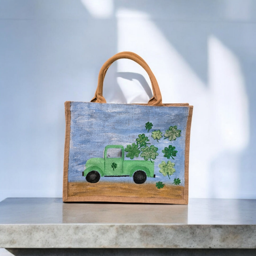 truckload of shamrocks tote, hand painted st patricks tote, beaded blue tote bag, shamrock gift bag