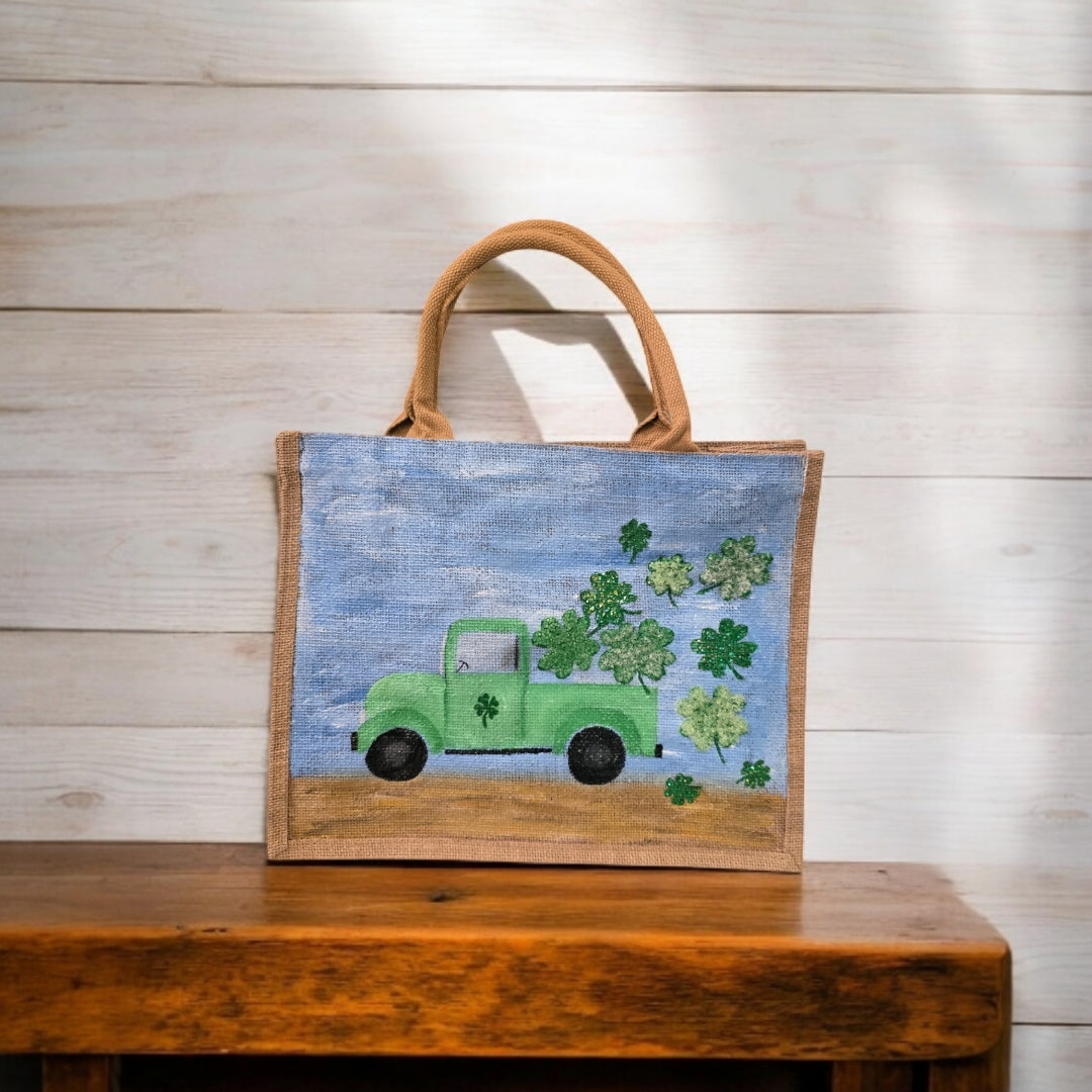 truckload of shamrocks tote, hand painted st patricks tote, beaded blue tote bag, shamrock gift bag