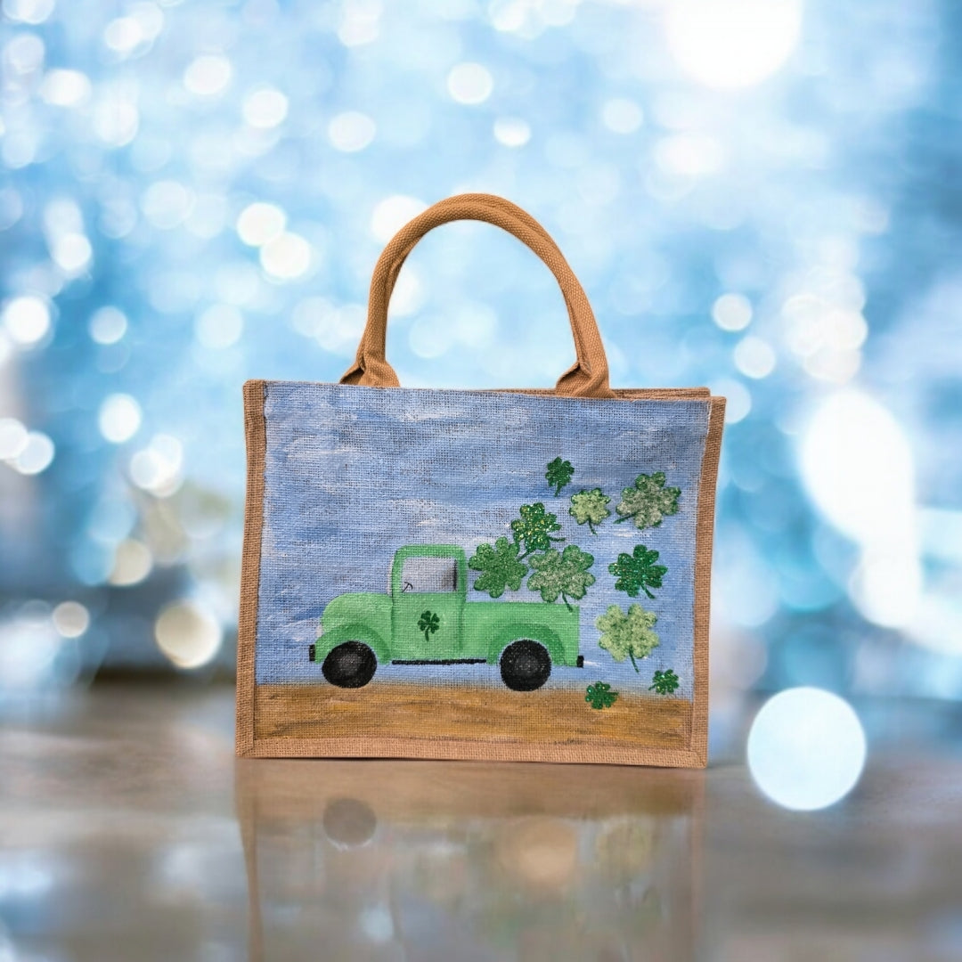 truckload of shamrocks tote, hand painted st patricks tote, beaded blue tote bag, shamrock gift bag